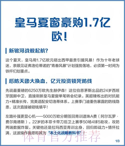 皇马连续3个夏窗获得盈利 总收入超过1.6亿欧元